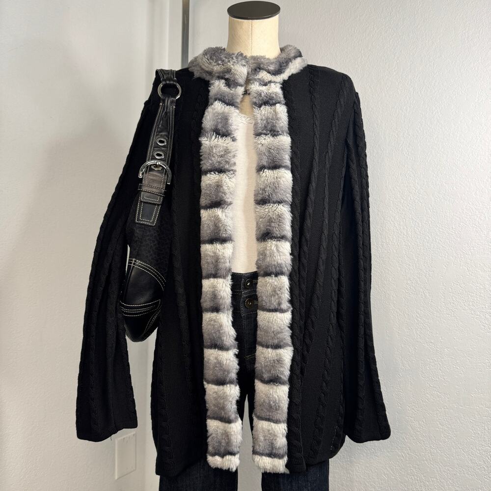 Ming Wang Black Faux Fur Cable Knit Cardigan Sweater Size 0X Glam Quiet Luxury